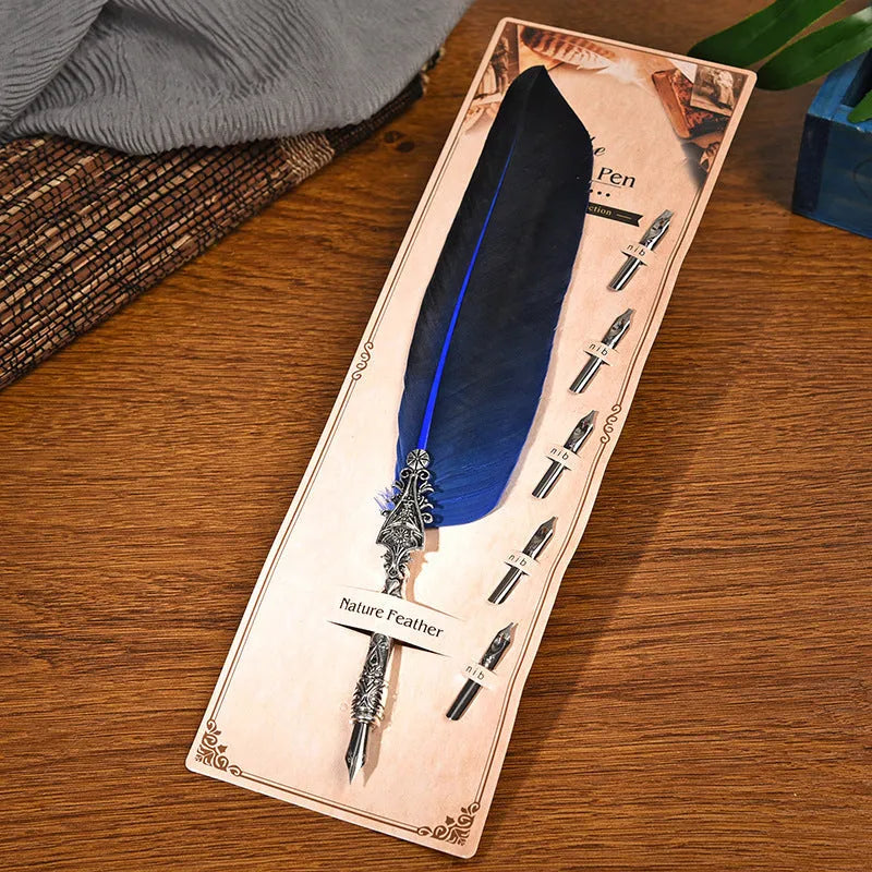 European retro vintage feather pen with zinc alloy shell in various colours measuring 30x13x4 cm