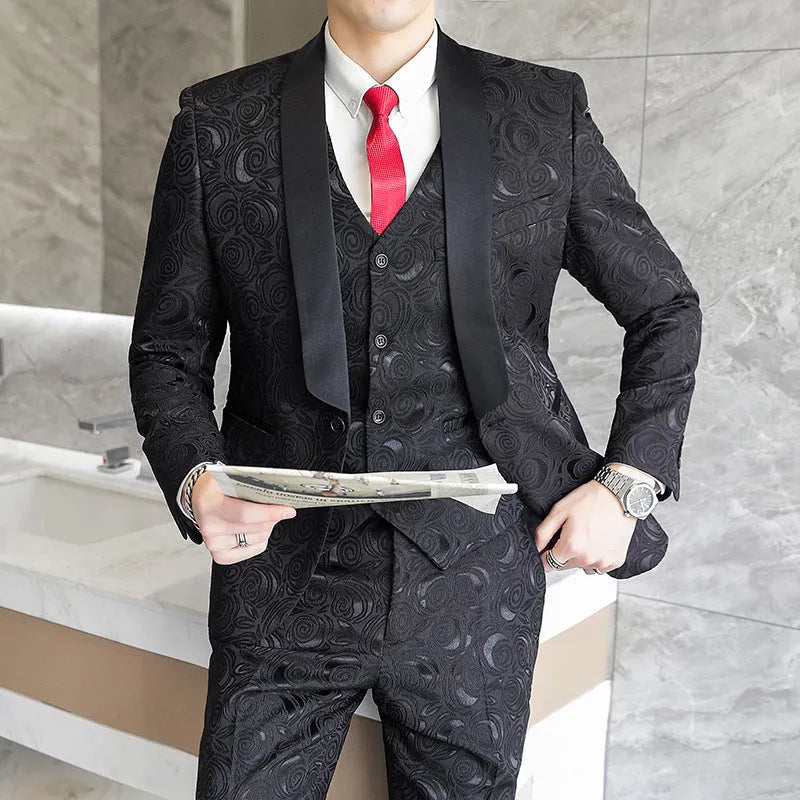 Men's slim fit three-piece wedding suit set in white and black with embossed fabric, jacket, vest, and trousers