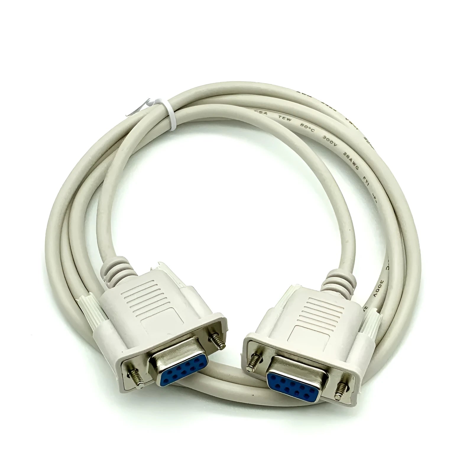 Female to female RS232 serial cable with DB9 connectors, 1.5m length, milky white colour