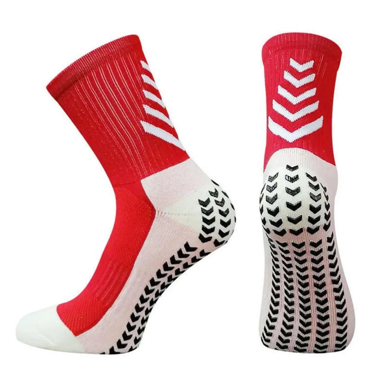 Men's mid-calf athletic socks with geometric patterns and non-slip silicone grips