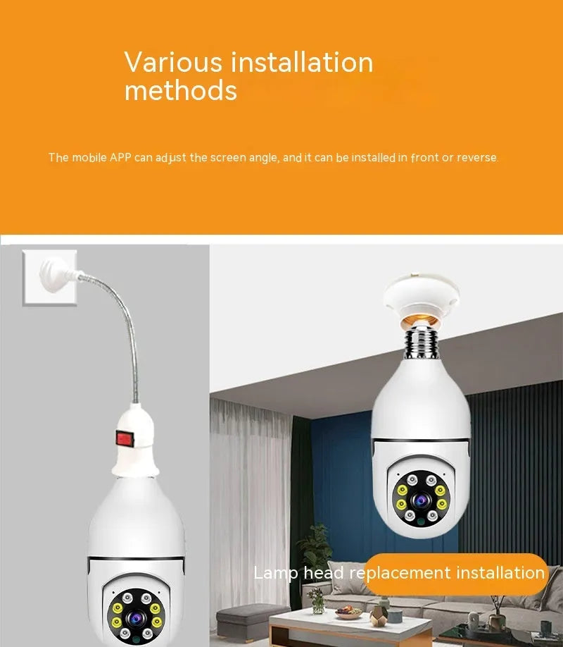 Wireless bulb security camera showing compact design with 1080p and night vision capabilities