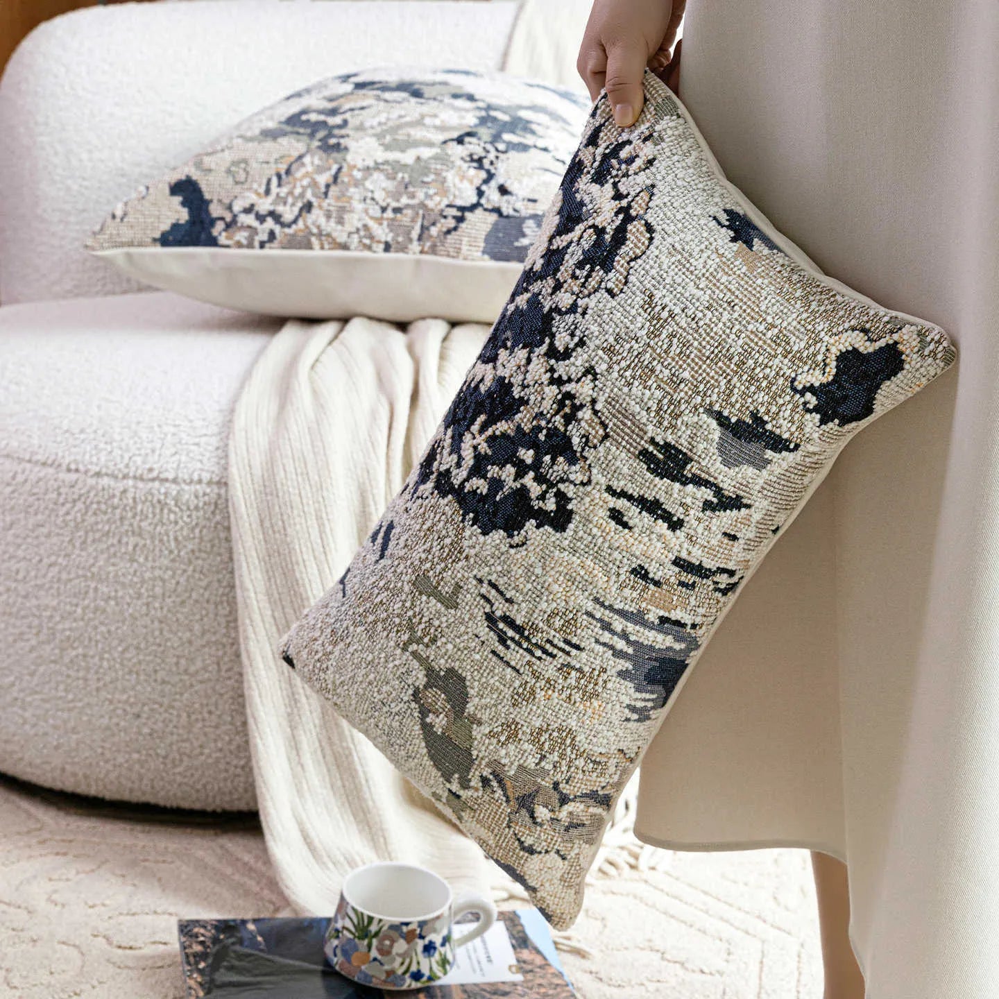 French style antique blue wool blend floral pattern cushion cover in 30×50cm or 50×50cm sizes