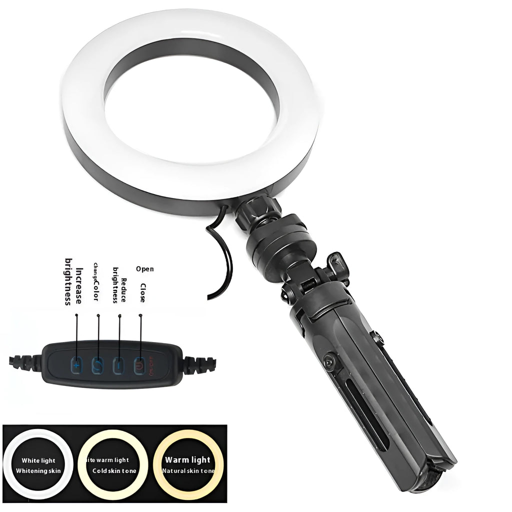 Mobile phone live streaming bracket with adjustable ring light on desktop tripod