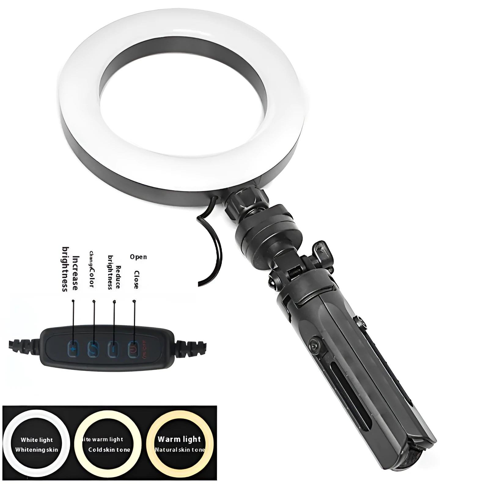 Mobile phone live streaming bracket with adjustable ring light on desktop tripod