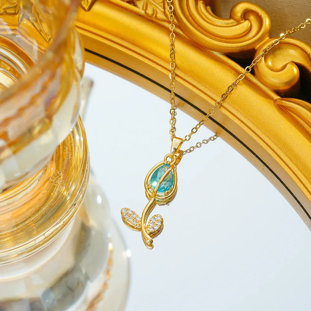 Women's zircon tulip pendant necklace with flower-shaped design on adjustable O-ring chain