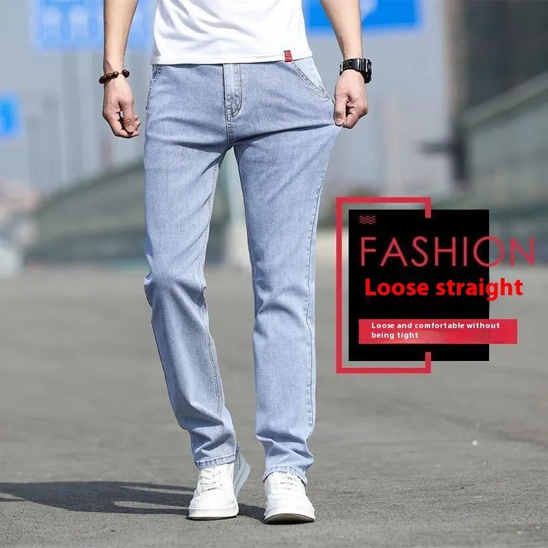 Men's smoky grey autumn jeans with straight tube fit and low waist design on hanger