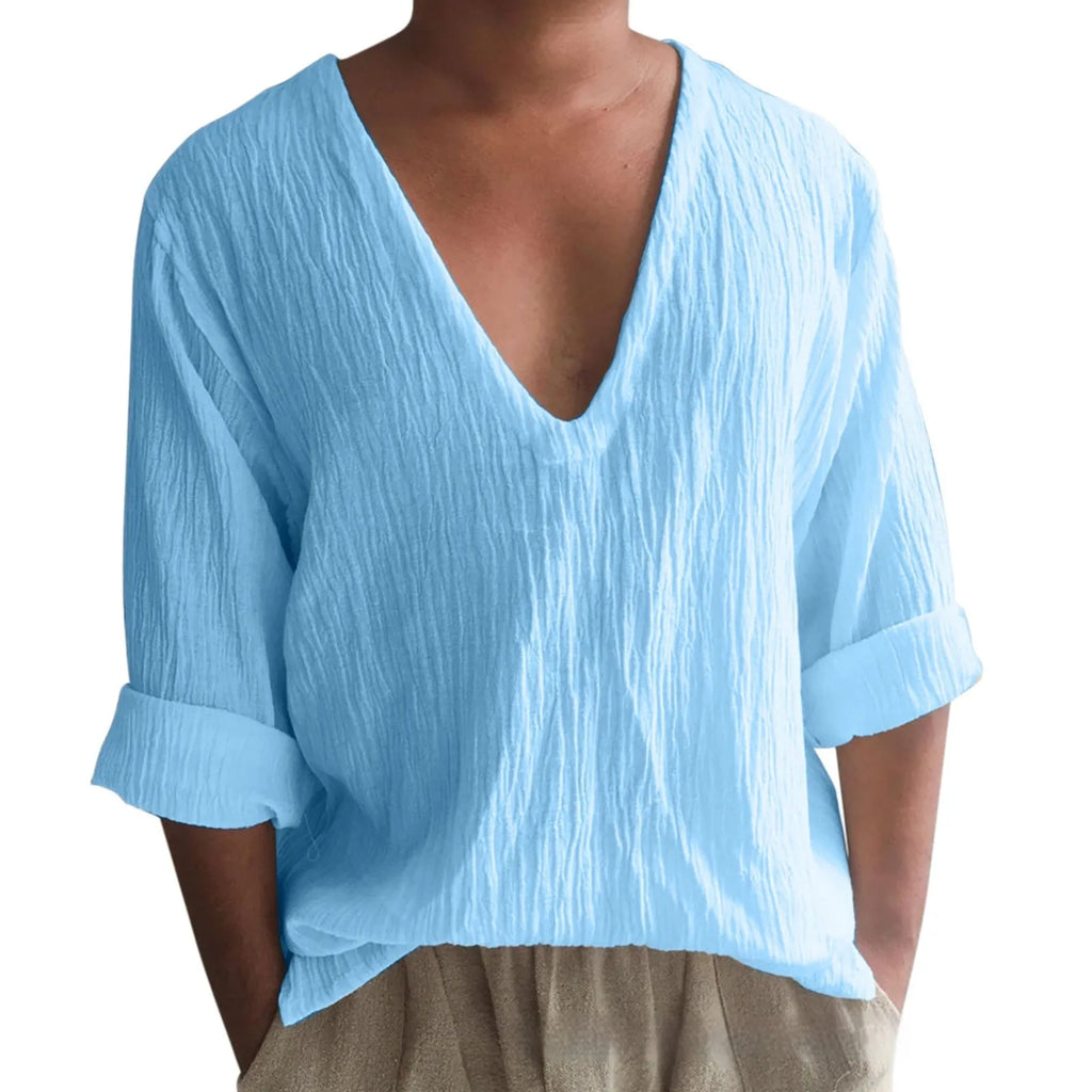 Men's solid colour V-neck long sleeve t-shirt in washed cotton fabric on a hanger