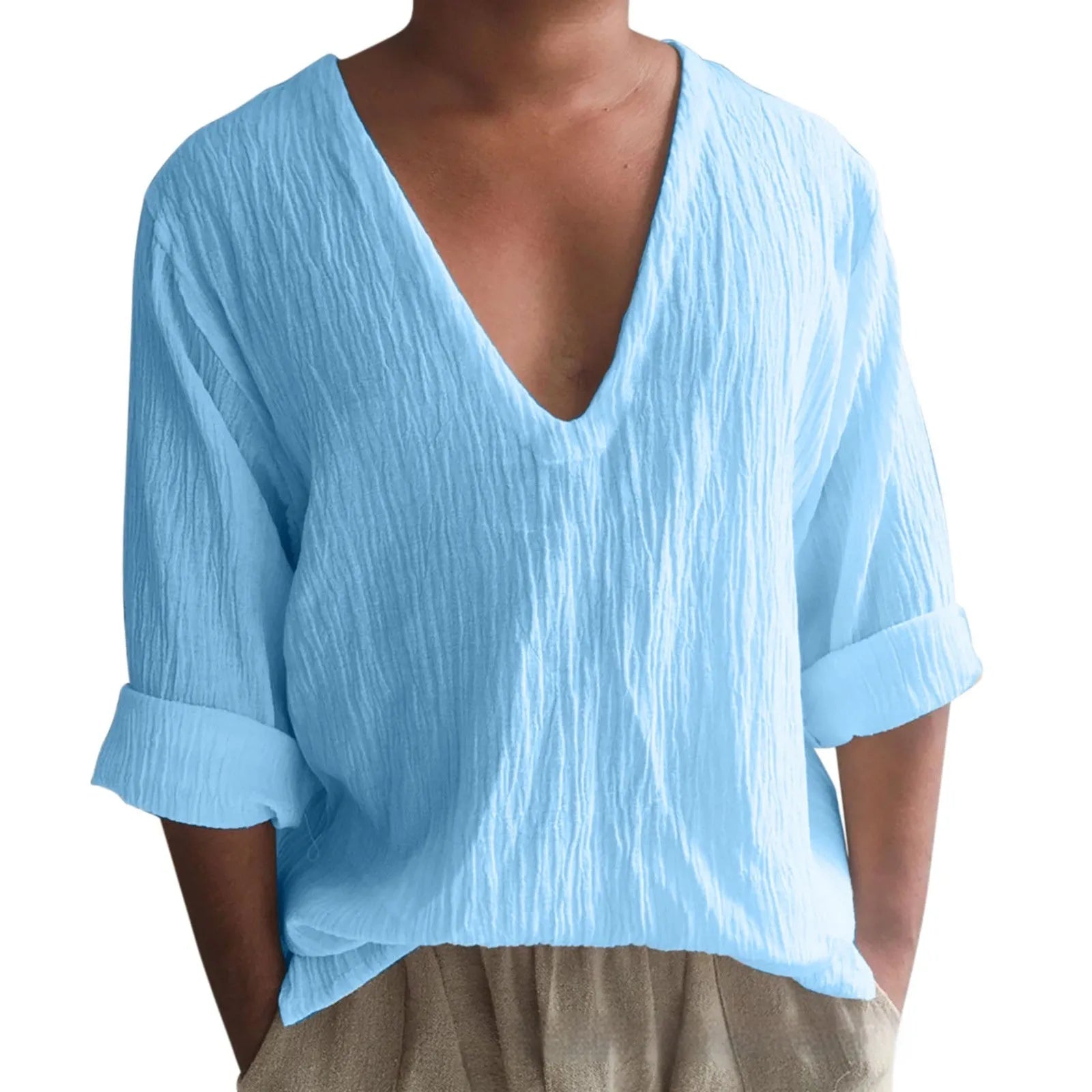 Men's solid colour V-neck long sleeve t-shirt in washed cotton fabric on a hanger