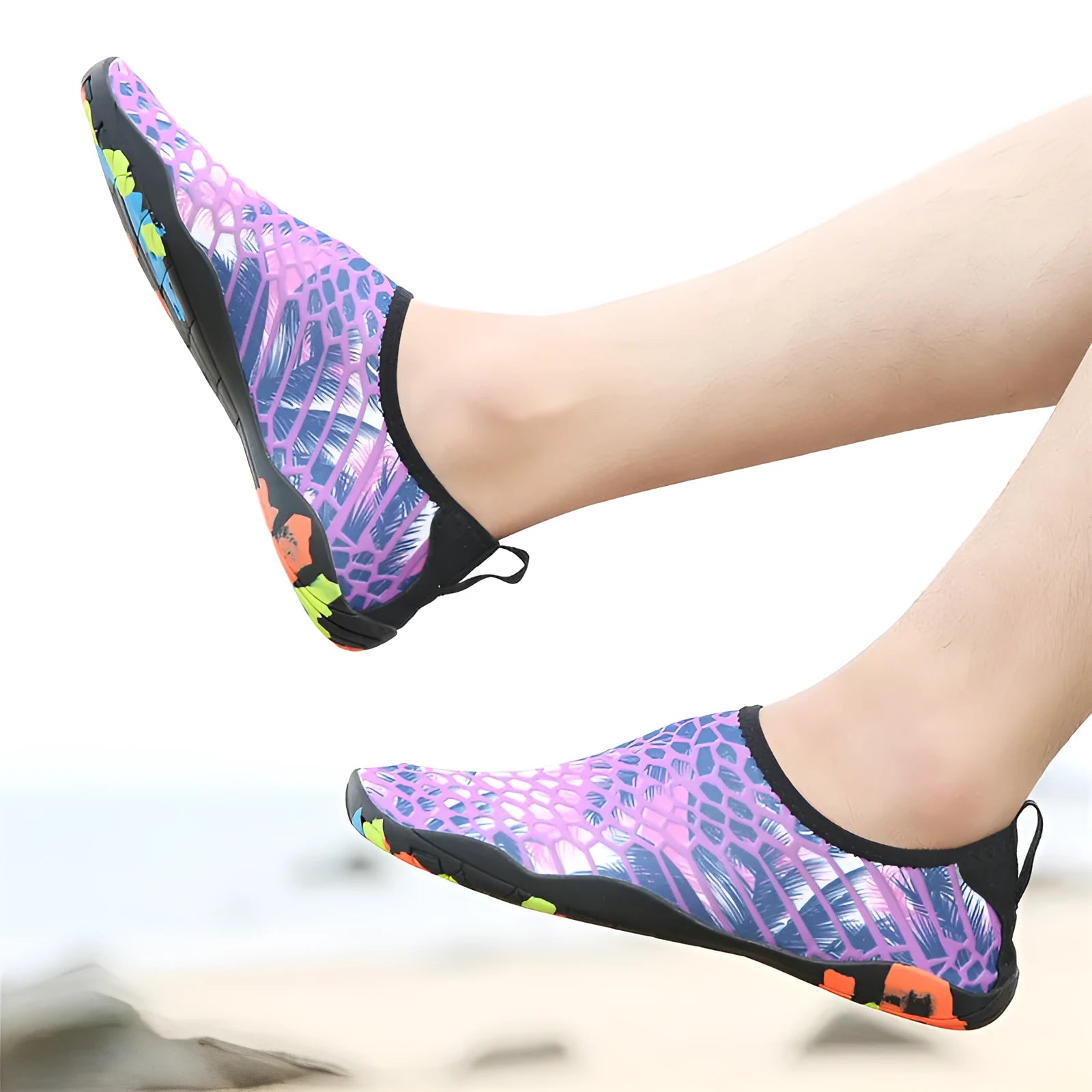 Beach wading shoes with stretch Lycra uppers and EVA midsoles in blue, black, pink, purple, and camouflage colours