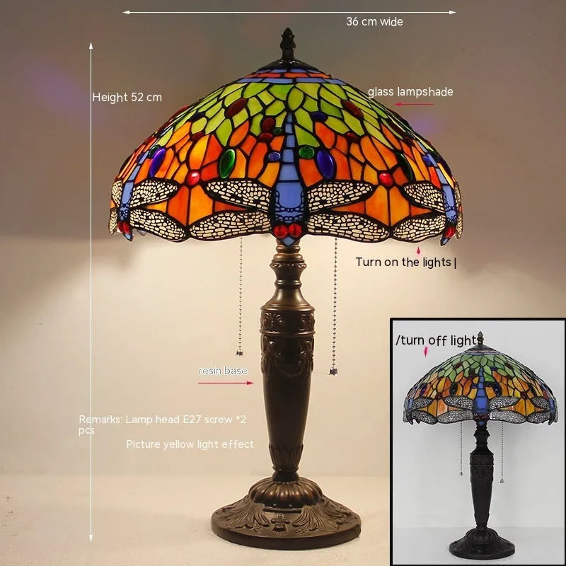 Stone table lamp with Tiffany-style dragonfly decoration in European design