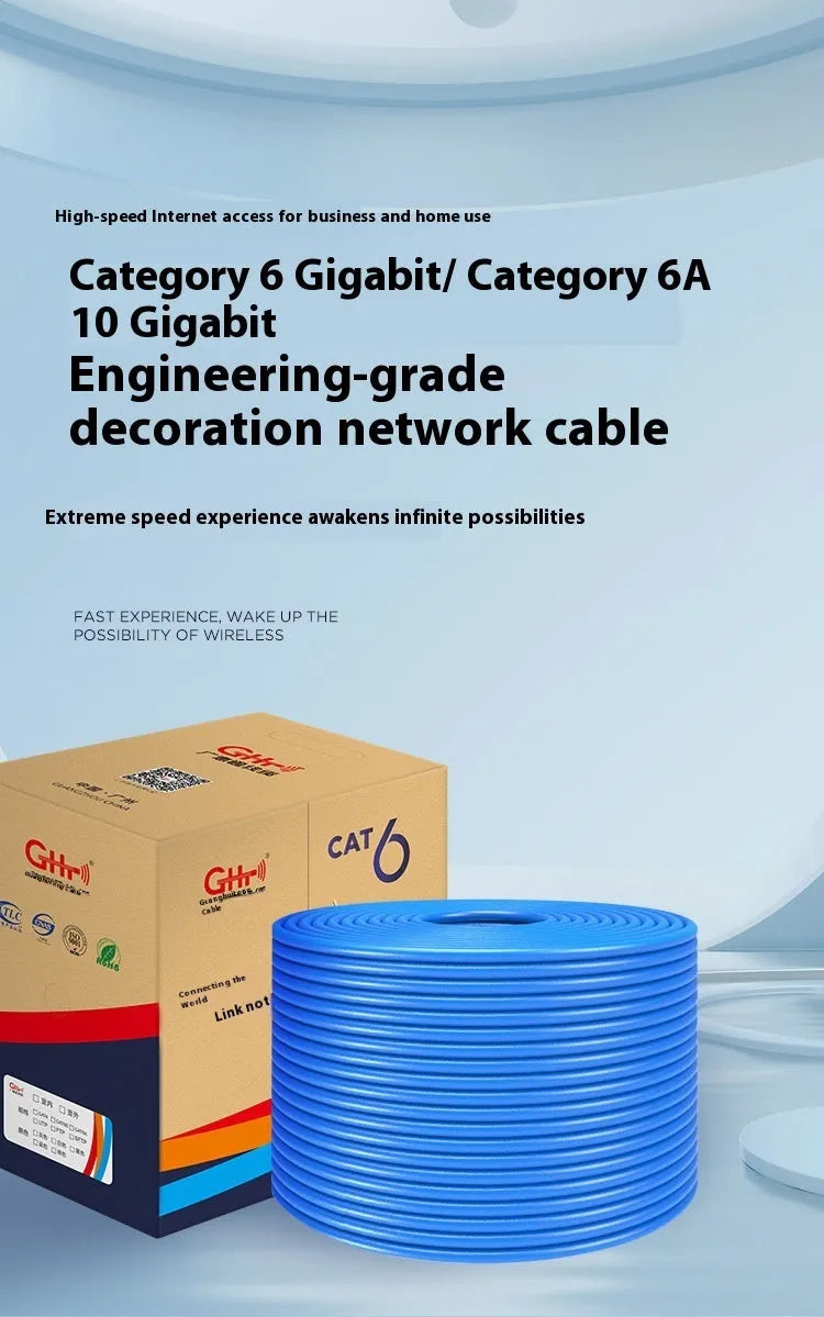 CAT6 oxygen-free copper network cable in blue or grey colour, 305 metres long for gigabit and 10GB Ethernet connections