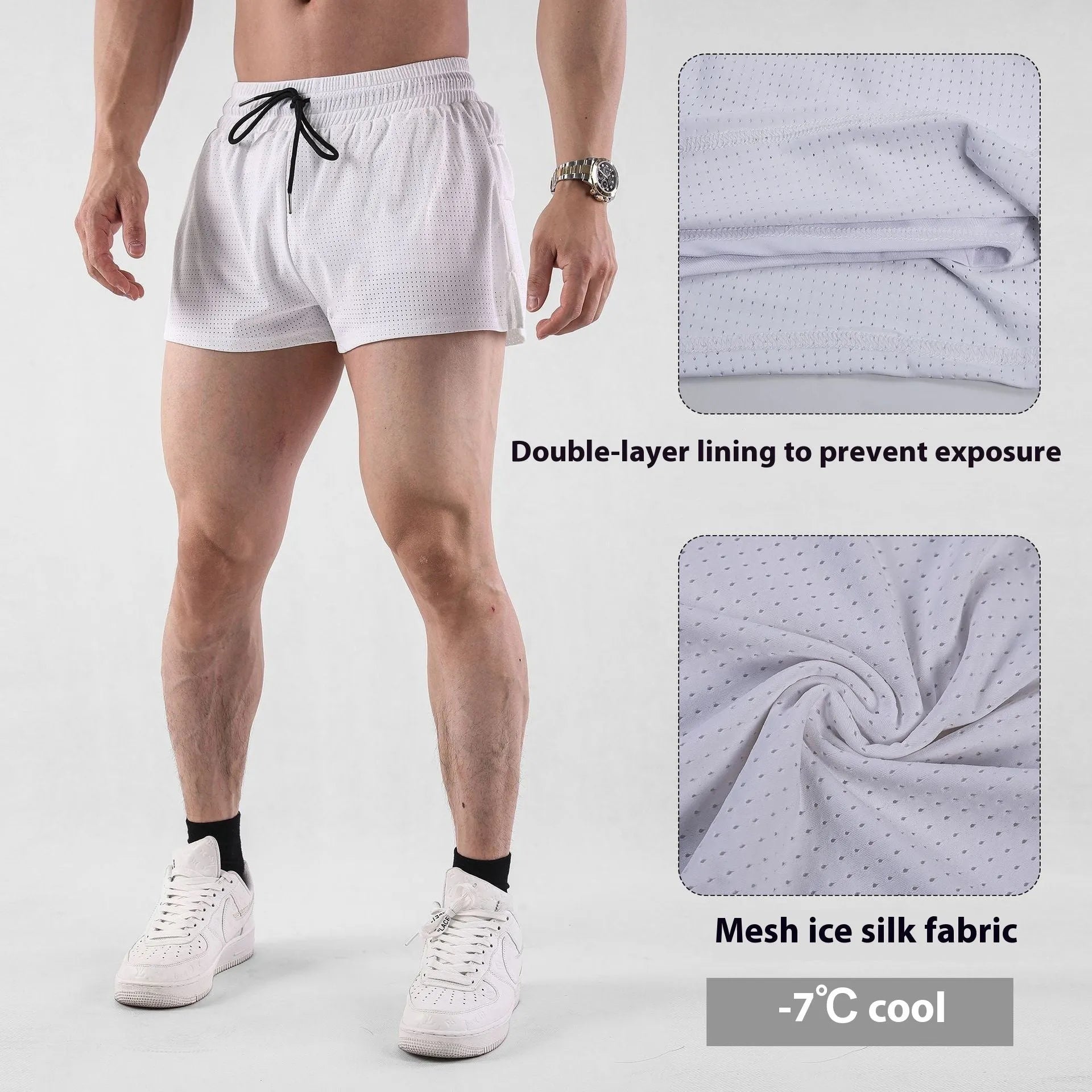 Men's quick-drying nylon summer shorts in mid waist sports leisure style in white and black