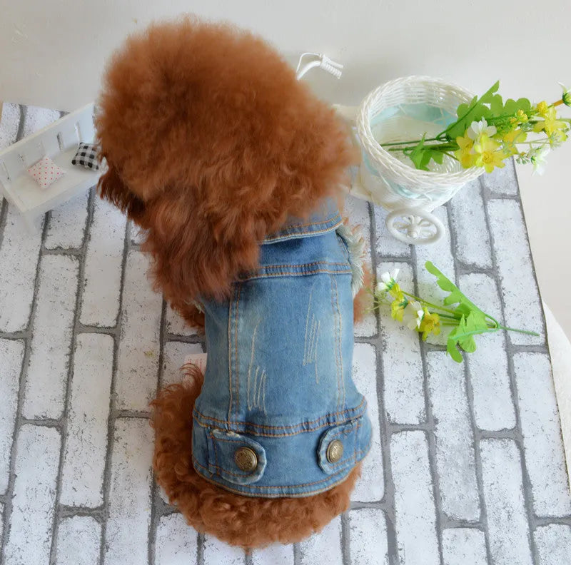 Retro scratch pattern denim dog vest for small breeds in dark and light colour options