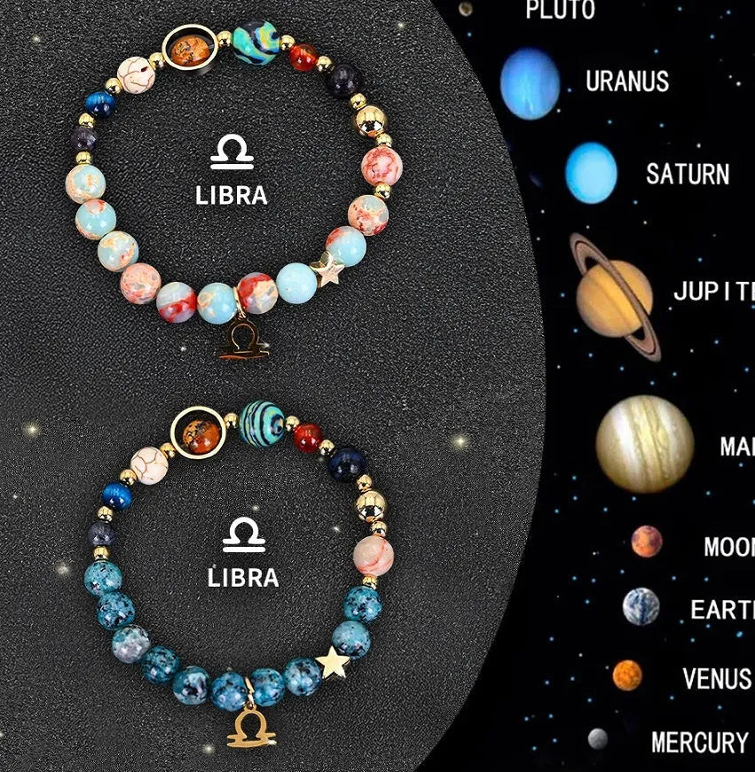 Set of twelve natural stone beaded bracelets laid out, each with a different design representing a zodiac sign.