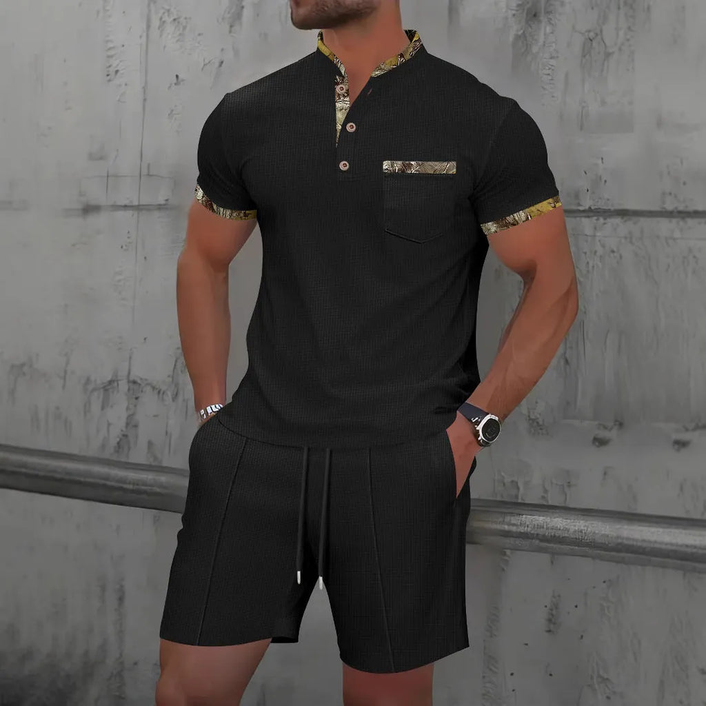 Men's grey waffle texture zipper polo collar short sleeve top with matching shorts sports set