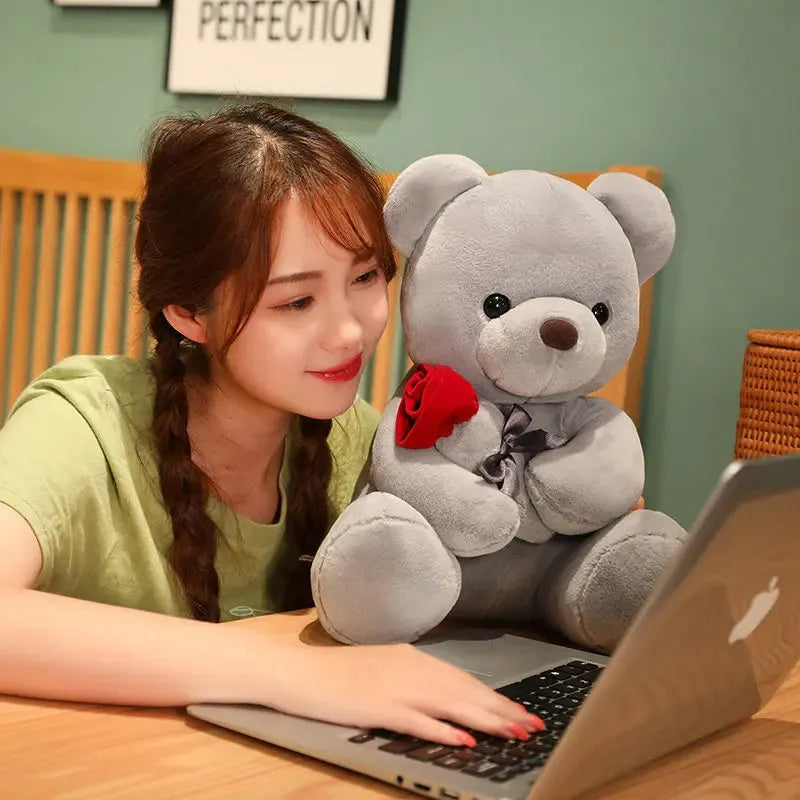 Rose bear plush teddy doll in beige, brown, or grey with soft short plush fabric