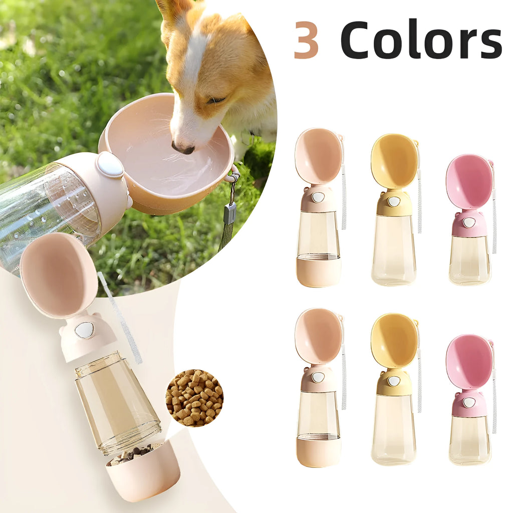 Portable plastic dog water bottle with attached feeding bowl in yellow colour