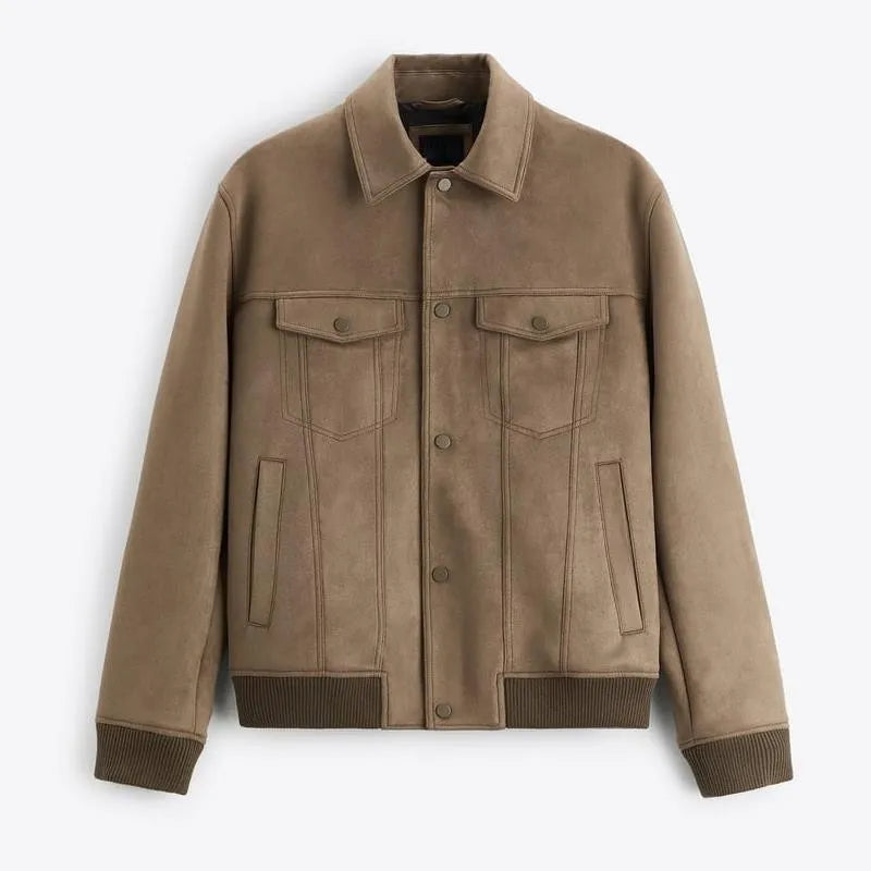 British-style suede velvet commuter jacket in mink colour with long sleeves and spandex fabric