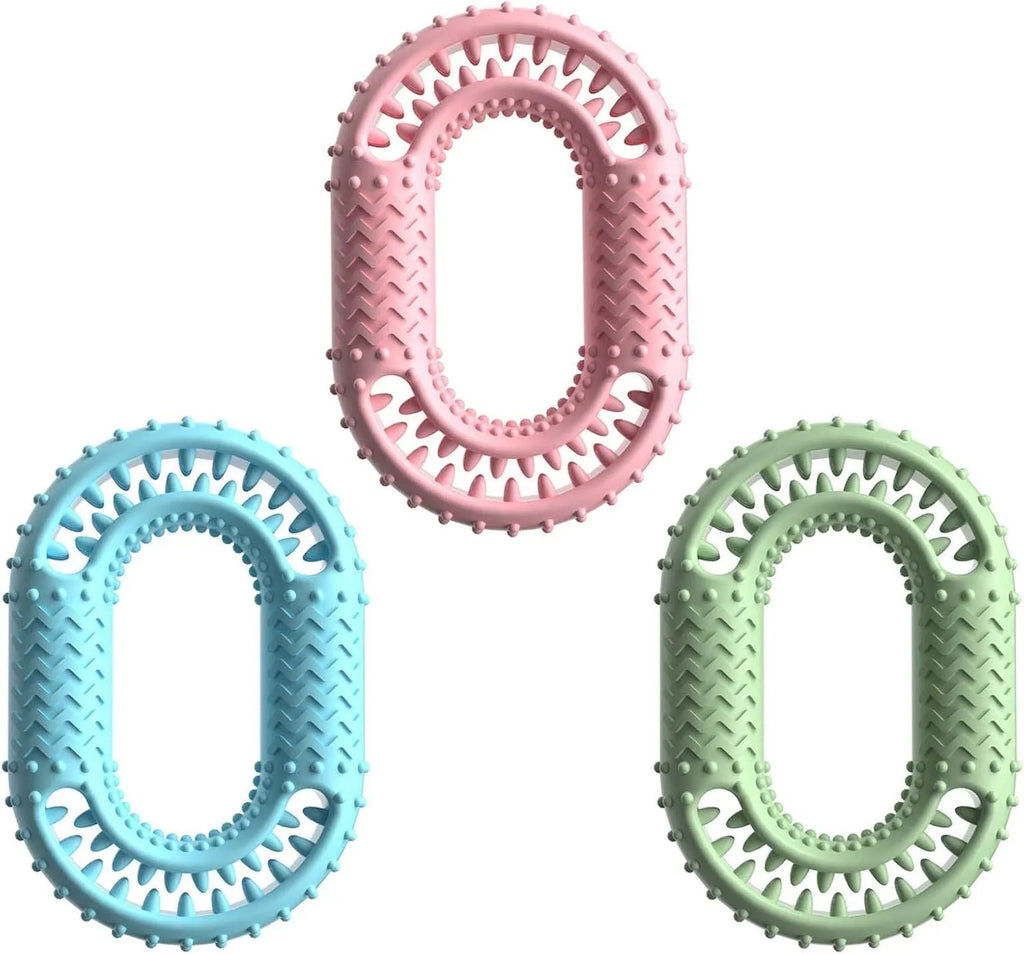 Blue green pink resistant O-ring dog chewing toy for aggressive chewers measuring 12.5cm
