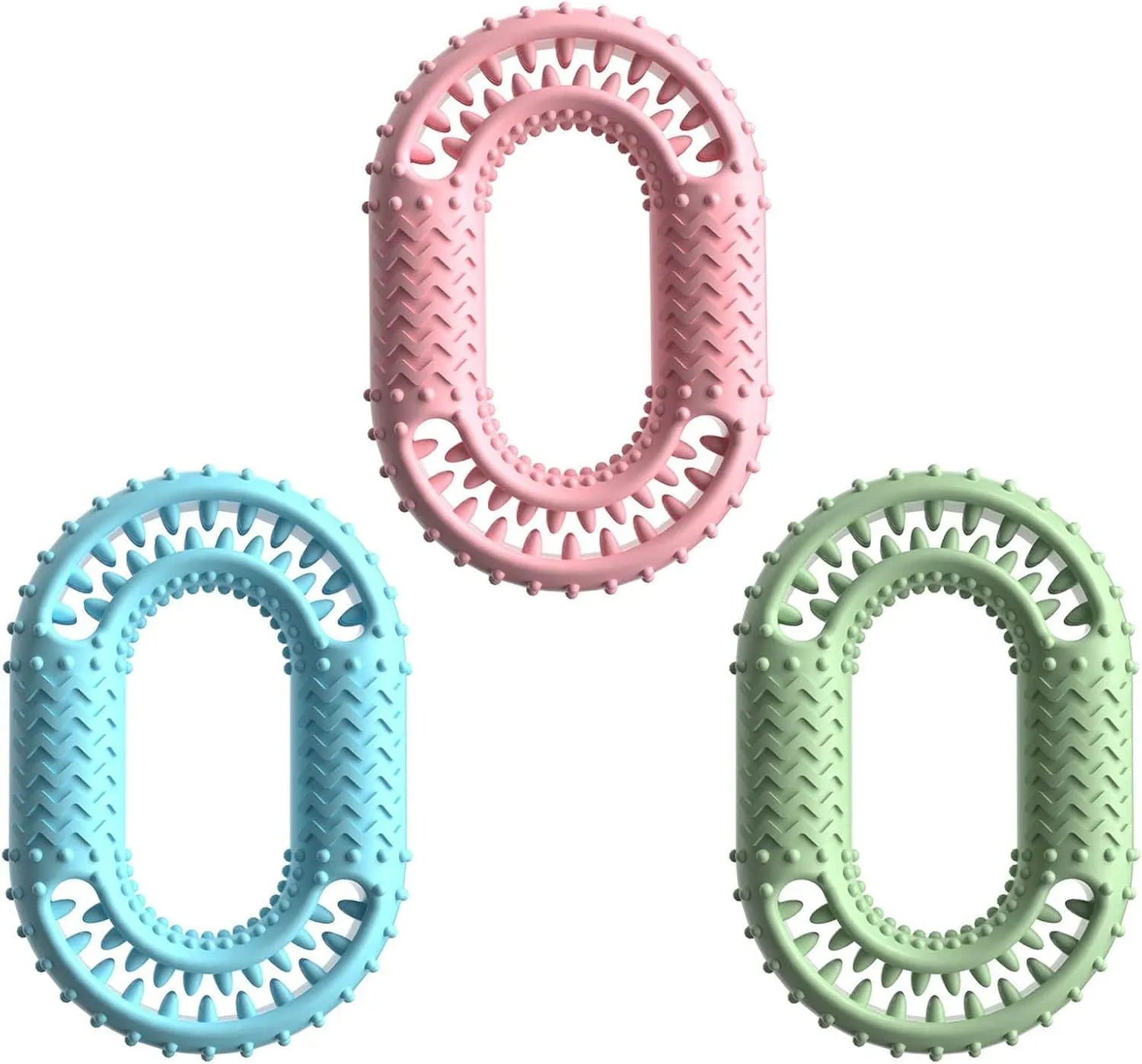 Blue green pink resistant O-ring dog chewing toy for aggressive chewers measuring 12.5cm