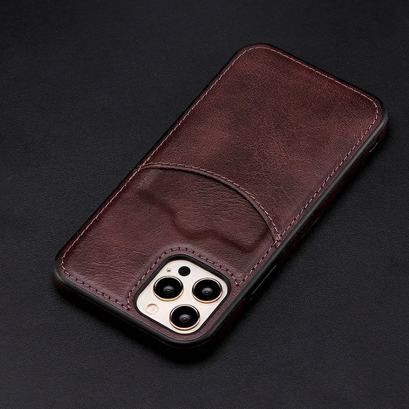 Dark blue PU leather protective case for iPhone, showing business-style design and fall protection.