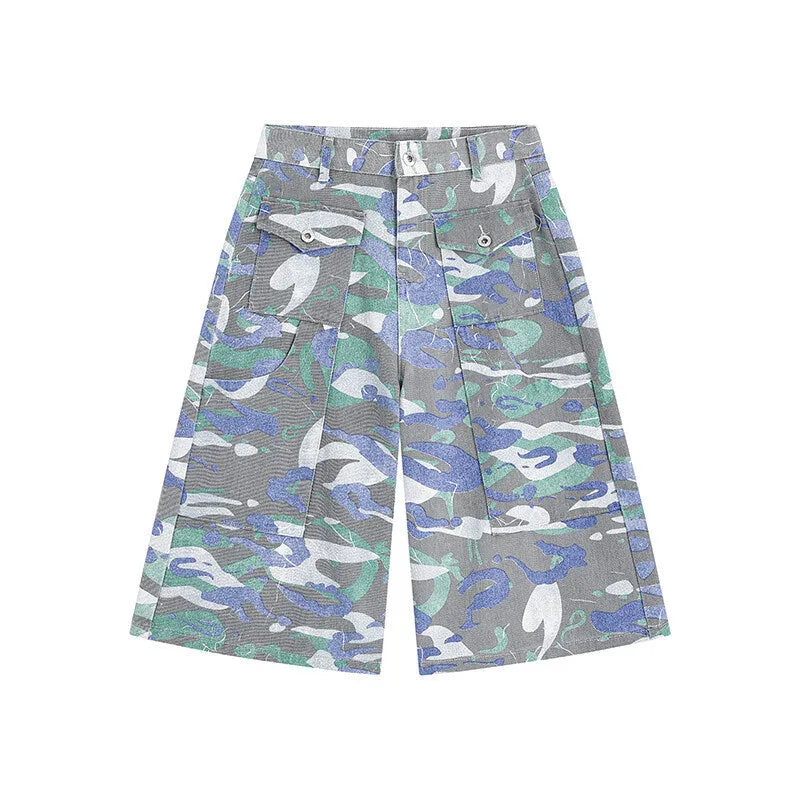 Men's camouflage cropped denim trousers with straight leg and workwear pocket styling