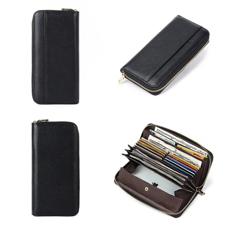 Women's genuine leather long bi-fold wallet in six colour options showing large capacity design