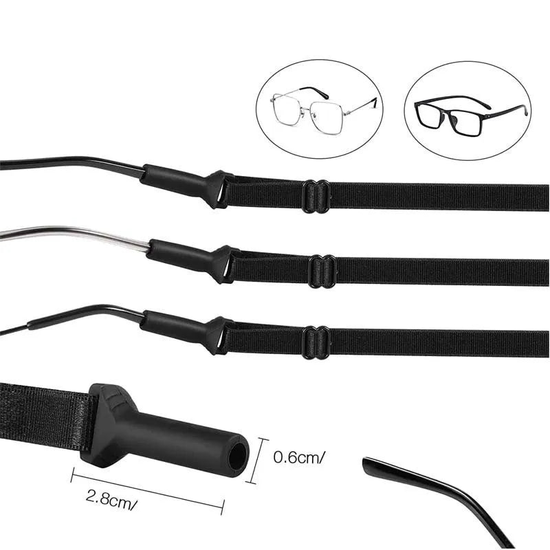 Black adjustable glasses cord with silicone hooks for anti-slip retention on spectacles