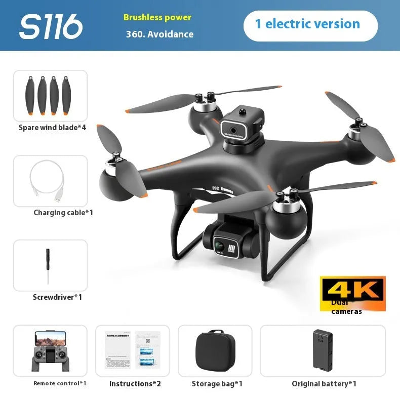 S116 black brushless UAV drone with four-side obstacle avoidance and dual HD cameras