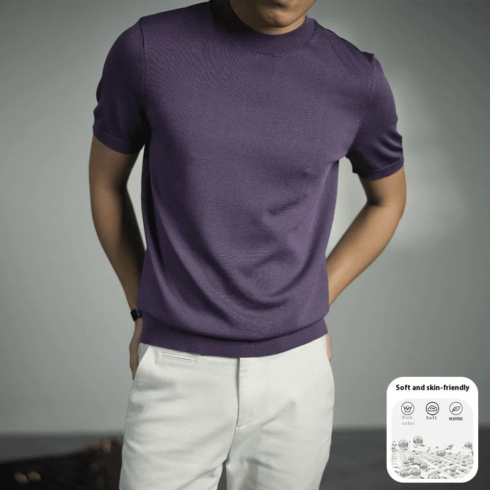 Men's knitted T-shirt with round neck and short sleeves in chemical fibre blend fabric
