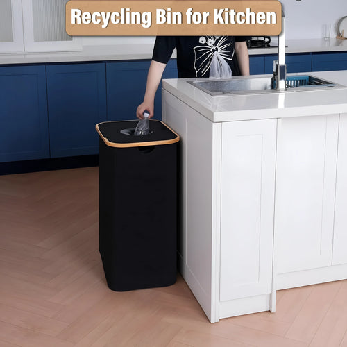 Black bamboo-style storage basket with removable lid and visible inner pockets made from Oxford cloth.