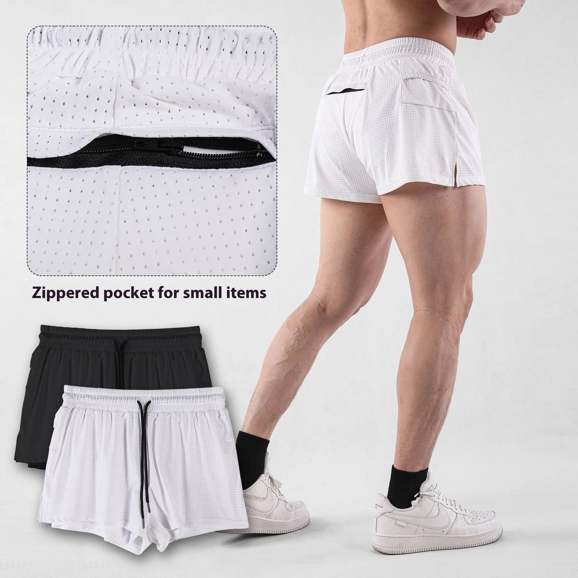 Men's quick-drying nylon summer shorts in mid waist sports leisure style in white and black