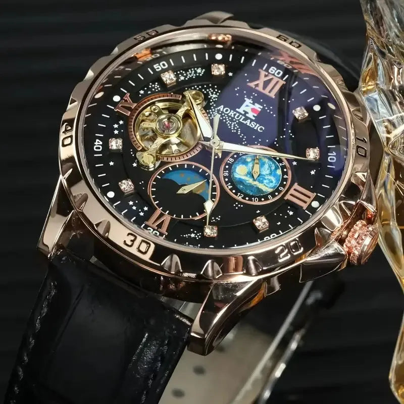 Men's black automatic skeleton watch with rose gold case and leather strap showing mechanical movement