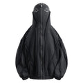 Black mens loose-fit cotton cardigan coat with zip front, attached hood, and abstract pattern.