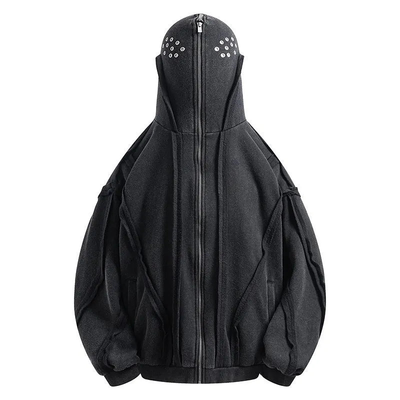 Black mens loose-fit cotton cardigan coat with zip front, attached hood, and abstract pattern.