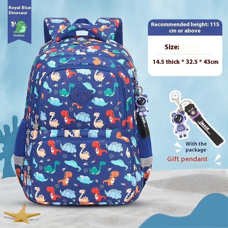 Blue children's waterproof school backpack with dinosaur pattern and curved shoulder straps on a white background.