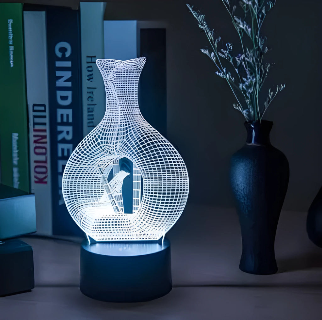 Creative 3D LED night light lamp with acrylic plate and ABS base showing seven colour lighting options