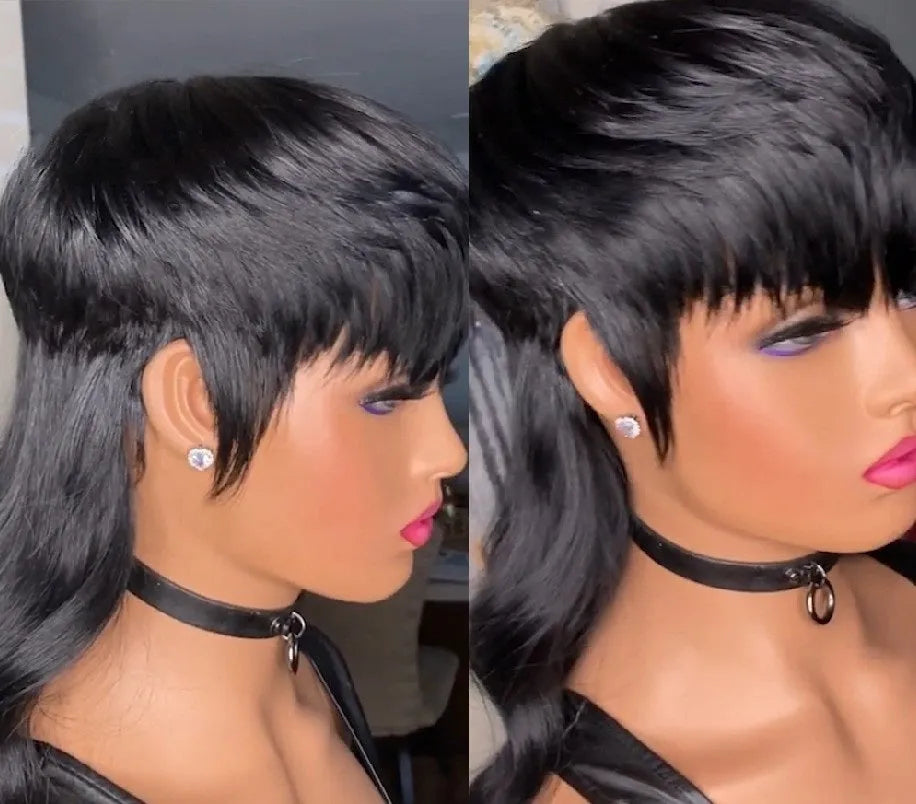 Brazilian black wig with front bangs, short back, and long hair in T7262 colour