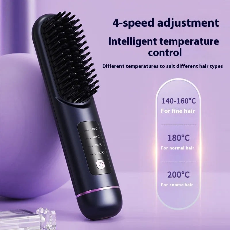 A white portable negative ion hair comb with USB charging port on a dark surface.