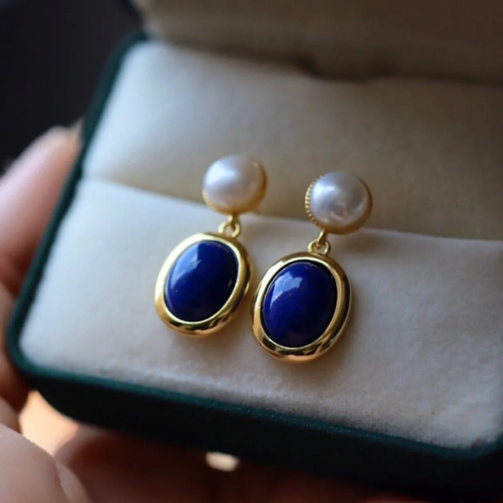 Blue lapis lazuli pearl earrings made from 925 silver with auspicious patterns
