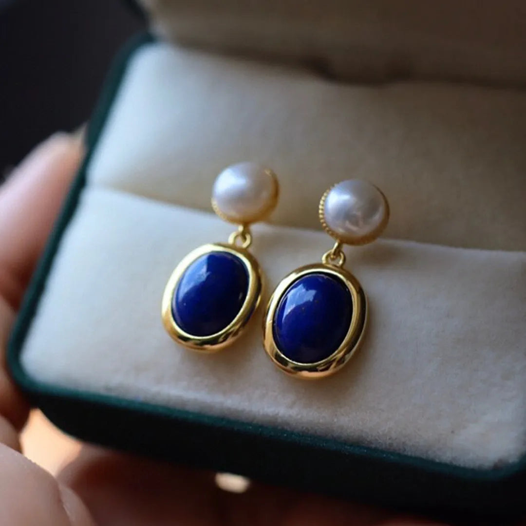 Blue lapis lazuli pearl earrings made from 925 silver with auspicious patterns