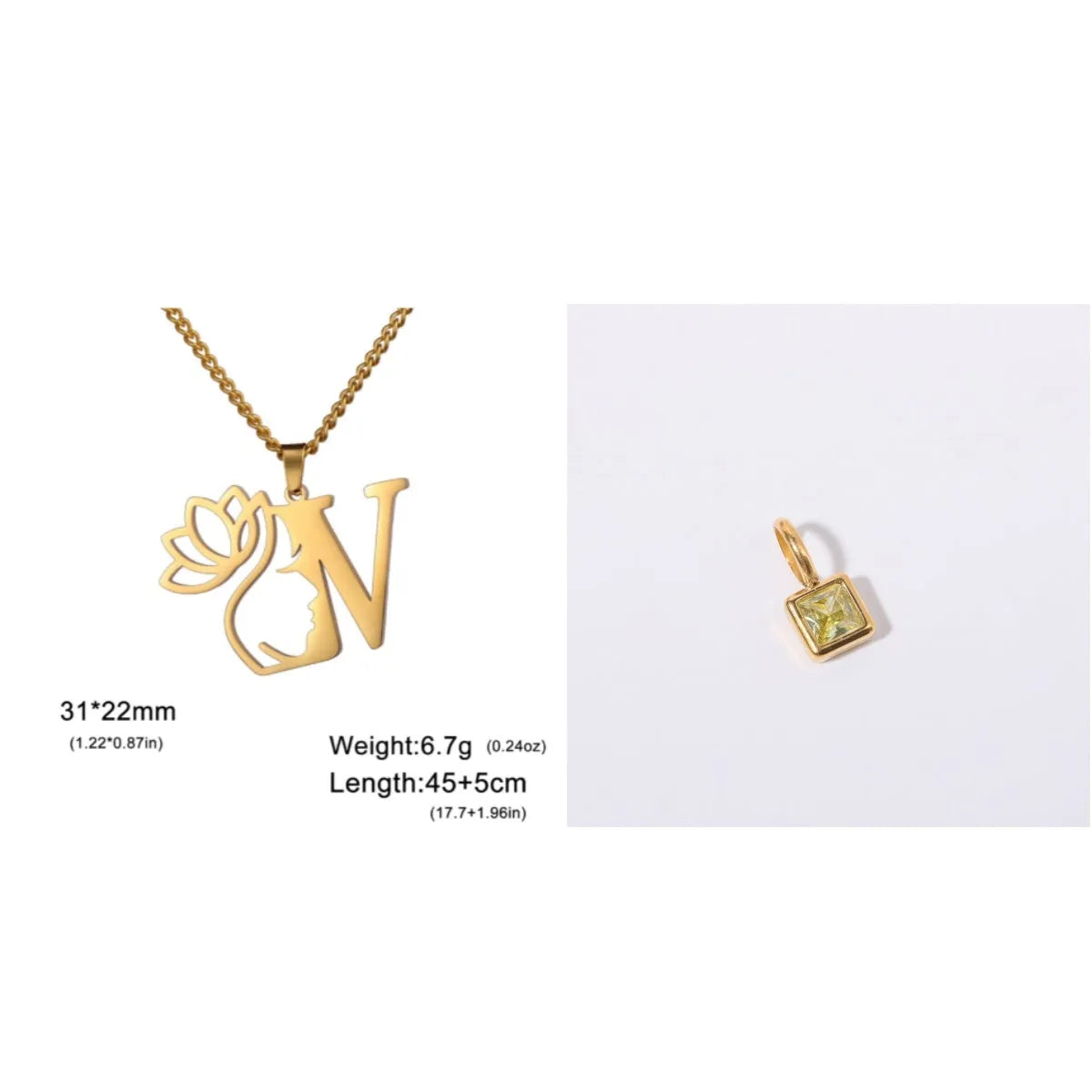 Stainless steel necklace with cross chain design and initial pendant in gold or silver finish