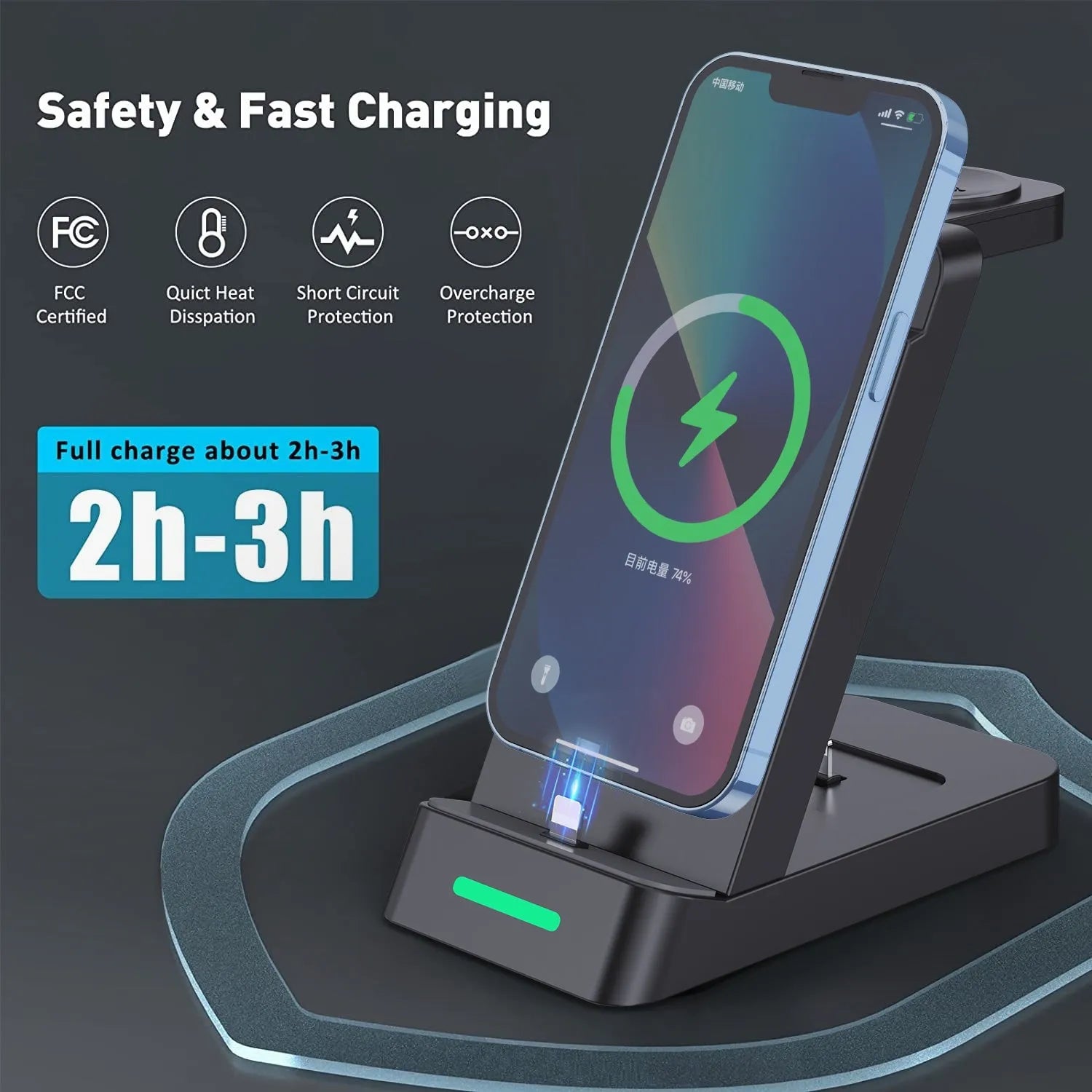 Black or white 3-in-1 wireless charging stand for phone, AirPods and watch, showing phone in stand mode.