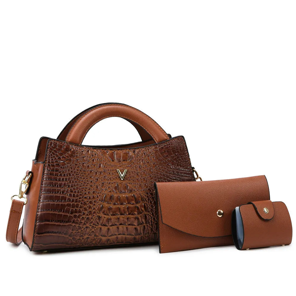 Women's crocodile pattern PU crossbody handbag showing interior compartments and colour options