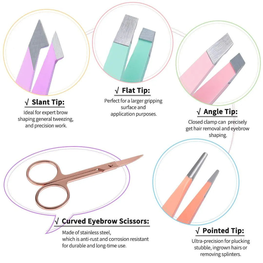 Professional 6-piece stainless steel eyebrow tweezers set with curved scissors and leather protective case
