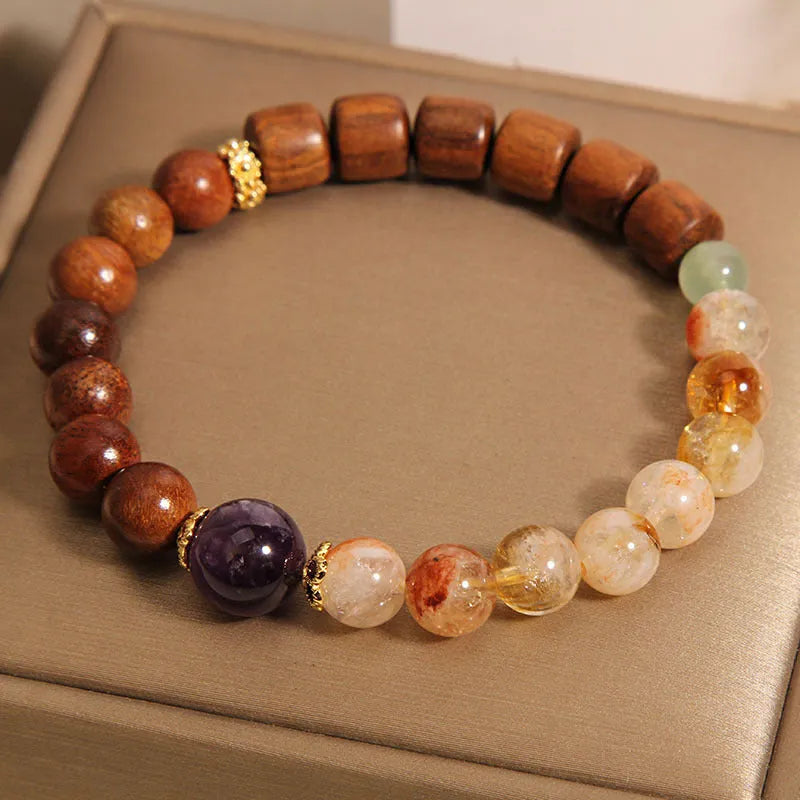 Yellow tower crystal and ebony amethyst bracelet with pearl accents and silver clasp