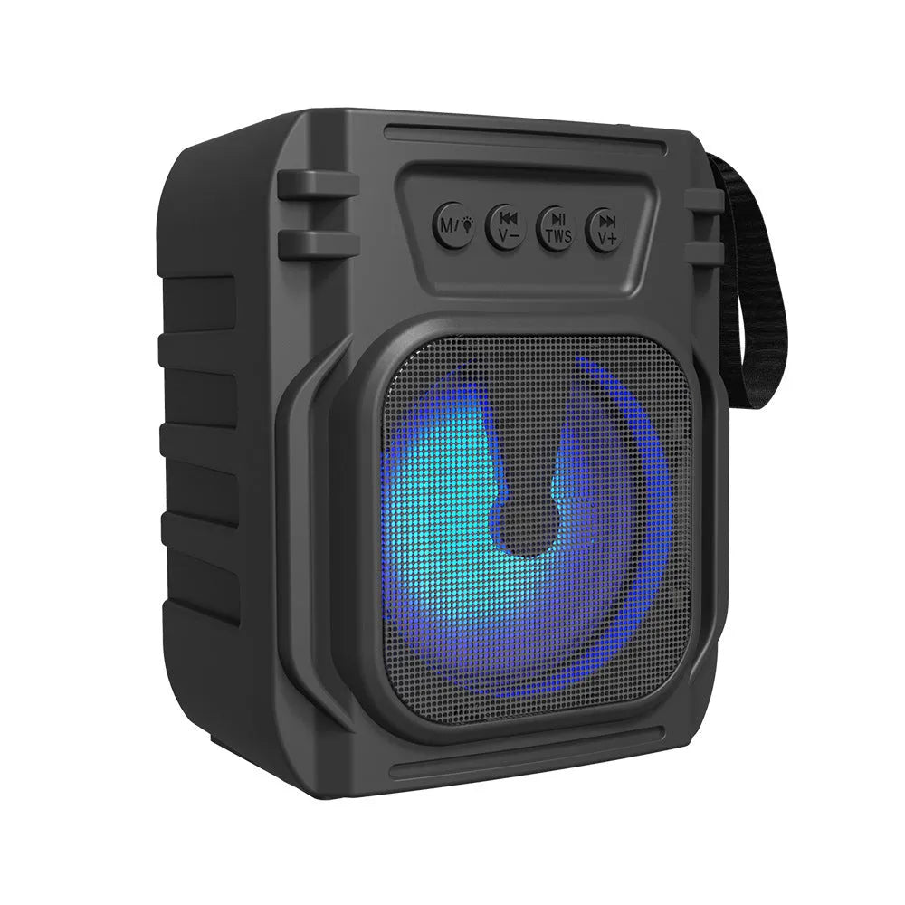 3107 colour portable Bluetooth speaker with mini card slot showing compact 110x87x137mm dimensions