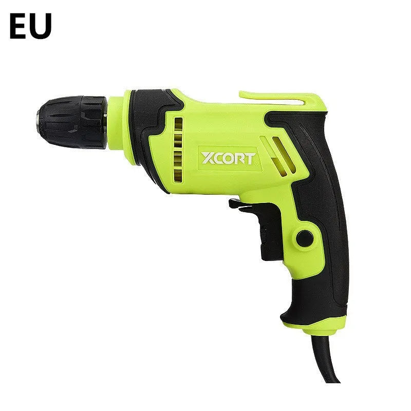Pistol-grip electric drill with 450W power rating and 10mm chuck on a workbench.