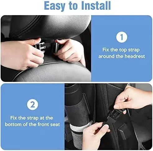 Black Oxford cloth car seat organiser bag hanging on a car seat, showing its storage pocket and hooks.