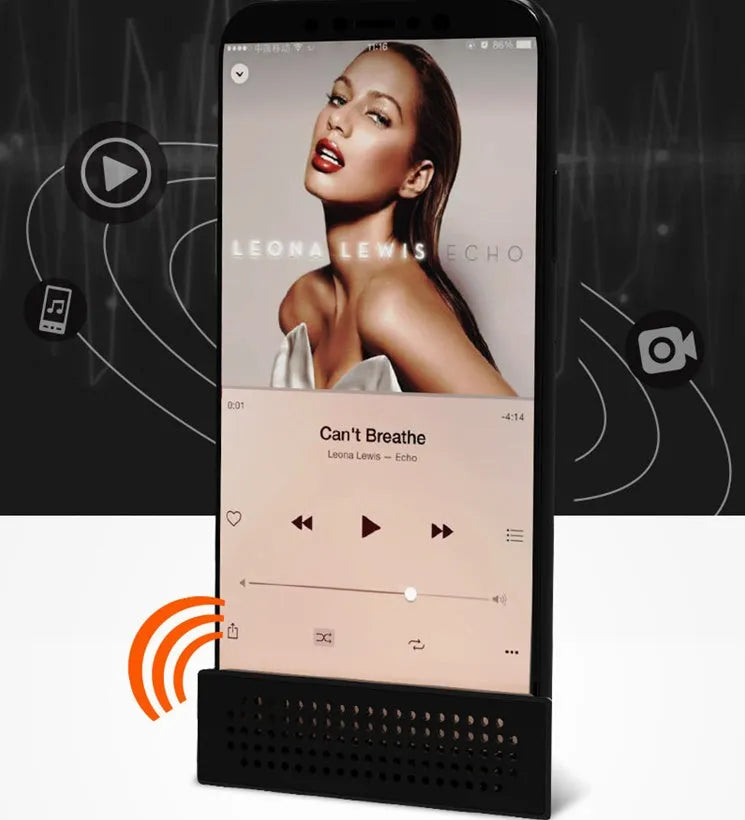 Mini desktop phone amplifier bracket for iPhones in black, blue, pink and orange colour options